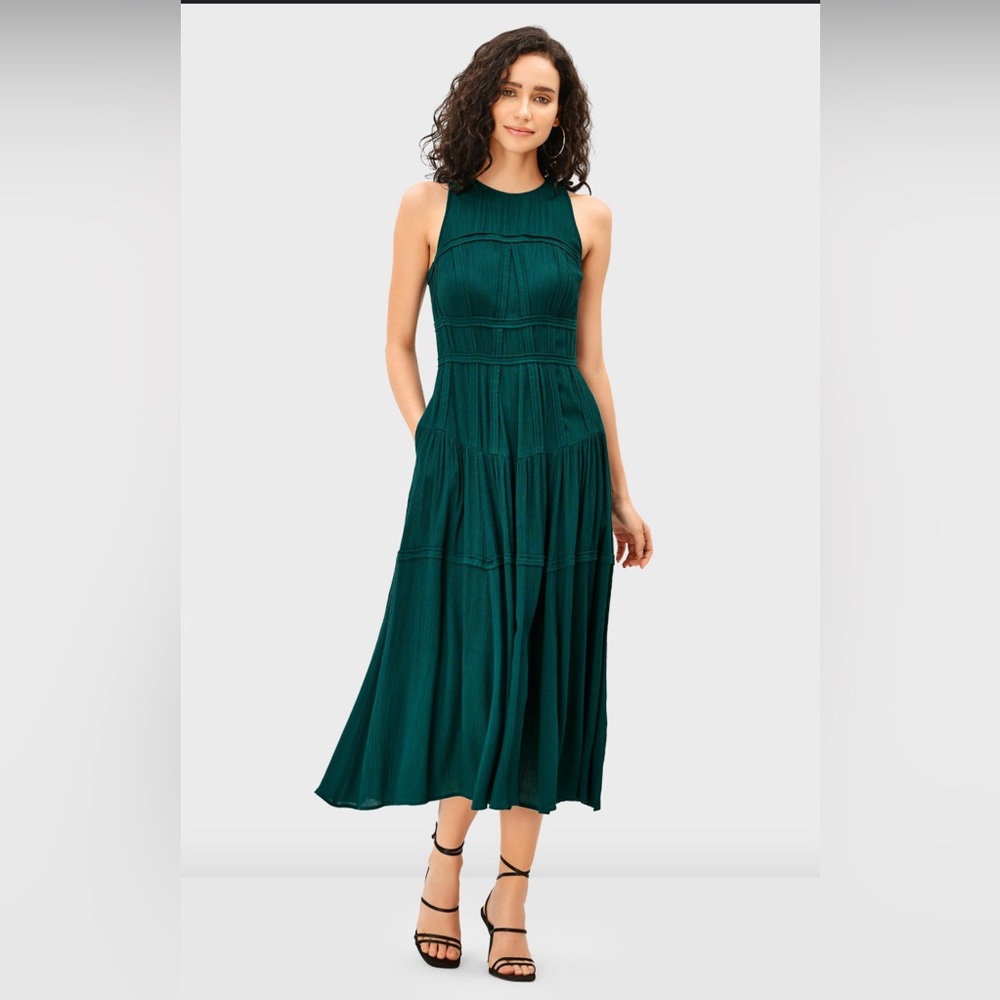 eShakti Wayward Fancy Rayon Crinkle Corset-Style Dress In Emerald Green Size M